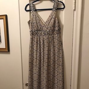 Off-white, Blue, and Gold Patterned Maxi Dress